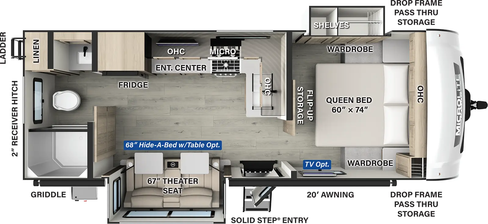 The Flagstaff Micro Lite 25FBDS has one entry and two slide outs. Exterior features include: fiberglass exterior and 20' awning. Interiors features include: front bedroom and rear bathroom.